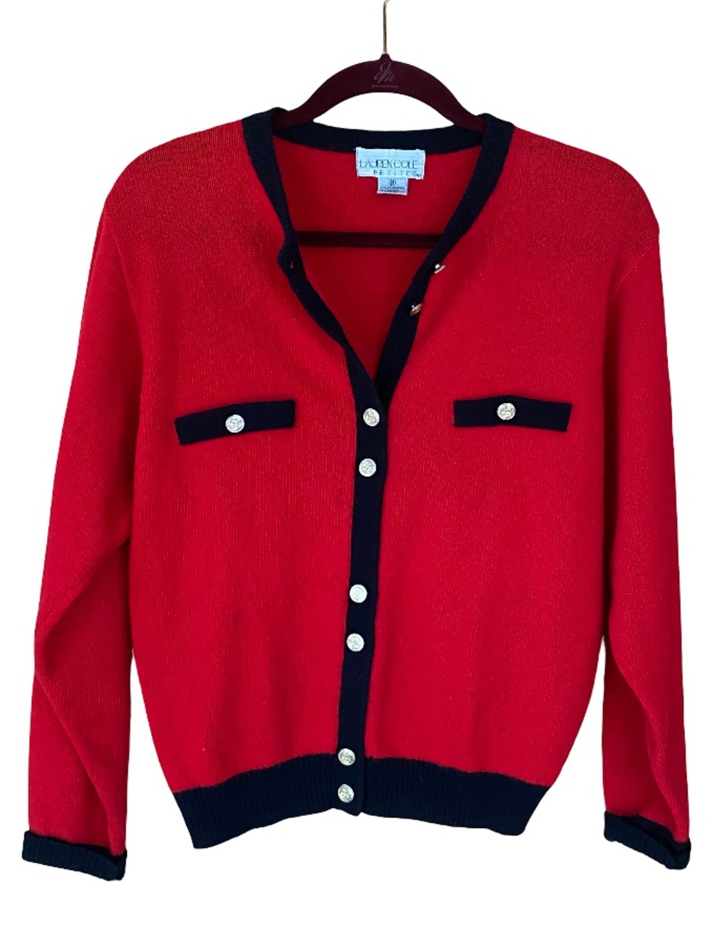 Vintage Lauren Cole Petites lambswool angora red contrast cardigan size medium